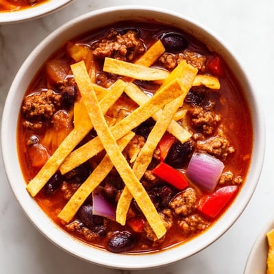 A steaming pot of rich Beef Enchilada Soup simmering with ground beef, beans, and corn for a family dinner.