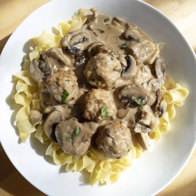 Homemade baked turkey meatballs simmering in a rich stroganoff sauce, ready to be served over a steamy bowl of egg noodles.