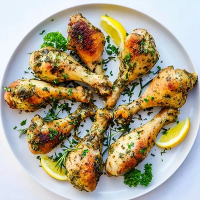 Savory Herb Roasted Chicken Drumsticks plated beside roasted potatoes and a fresh green salad for a complete weeknight dinner.