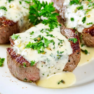 Garlic Butter Steak With Parmesan Cream Sauce in a skillet with melted sauce and garnish of fresh parsley.