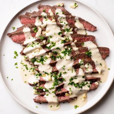 A close-up of flank steak with roasted garlic sauce, showing juicy slices and creamy sauce perfect for serving alongside roasted potatoes or green beans.