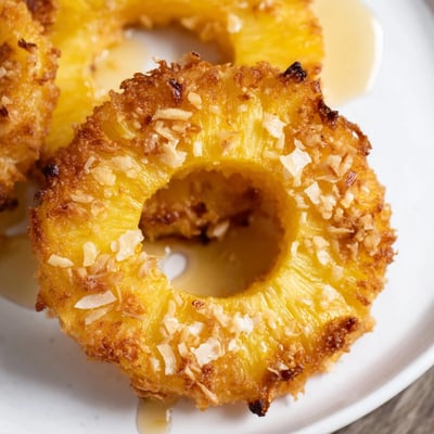 Golden caramelized Fried Pineapple rings sizzling in the skillet, ready to be enjoyed with a scoop of vanilla ice cream.