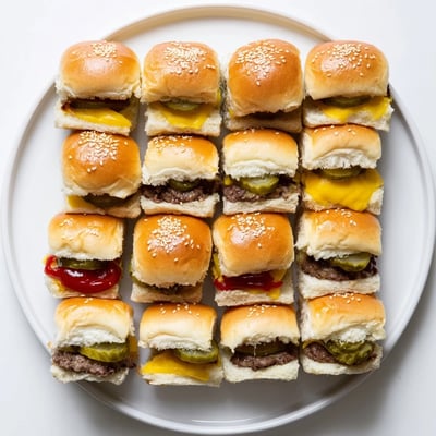 Freshly baked White Trash Sliders arranged on a platter with ketchup and mustard drizzles.