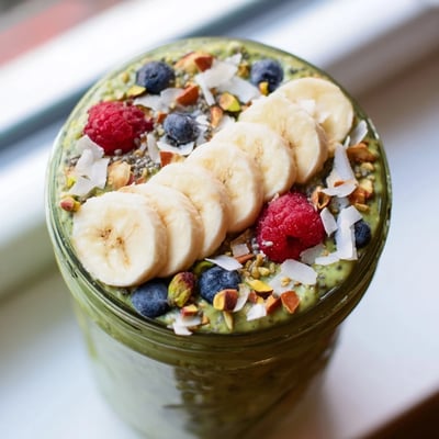 Vibrant green matcha overnight oats drizzled with honey and sliced banana