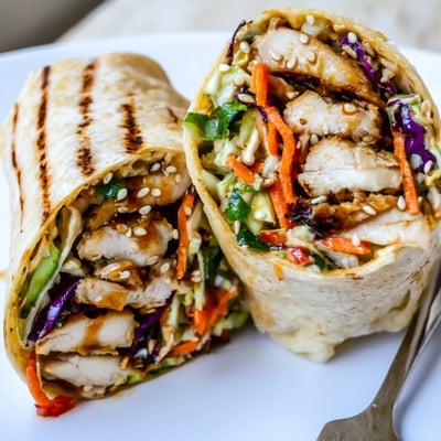 Warm grilled chicken strips piled atop tangy purple cabbage slaw inside flour wraps for Thai chicken wraps
