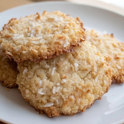 Soft and buttery coconut cookies with crispy edges arranged on a wire cooling rack.