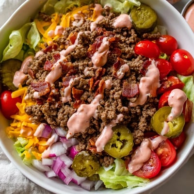 Colorful burger bowls topped with savory ground beef, pickles, and tangy sauce